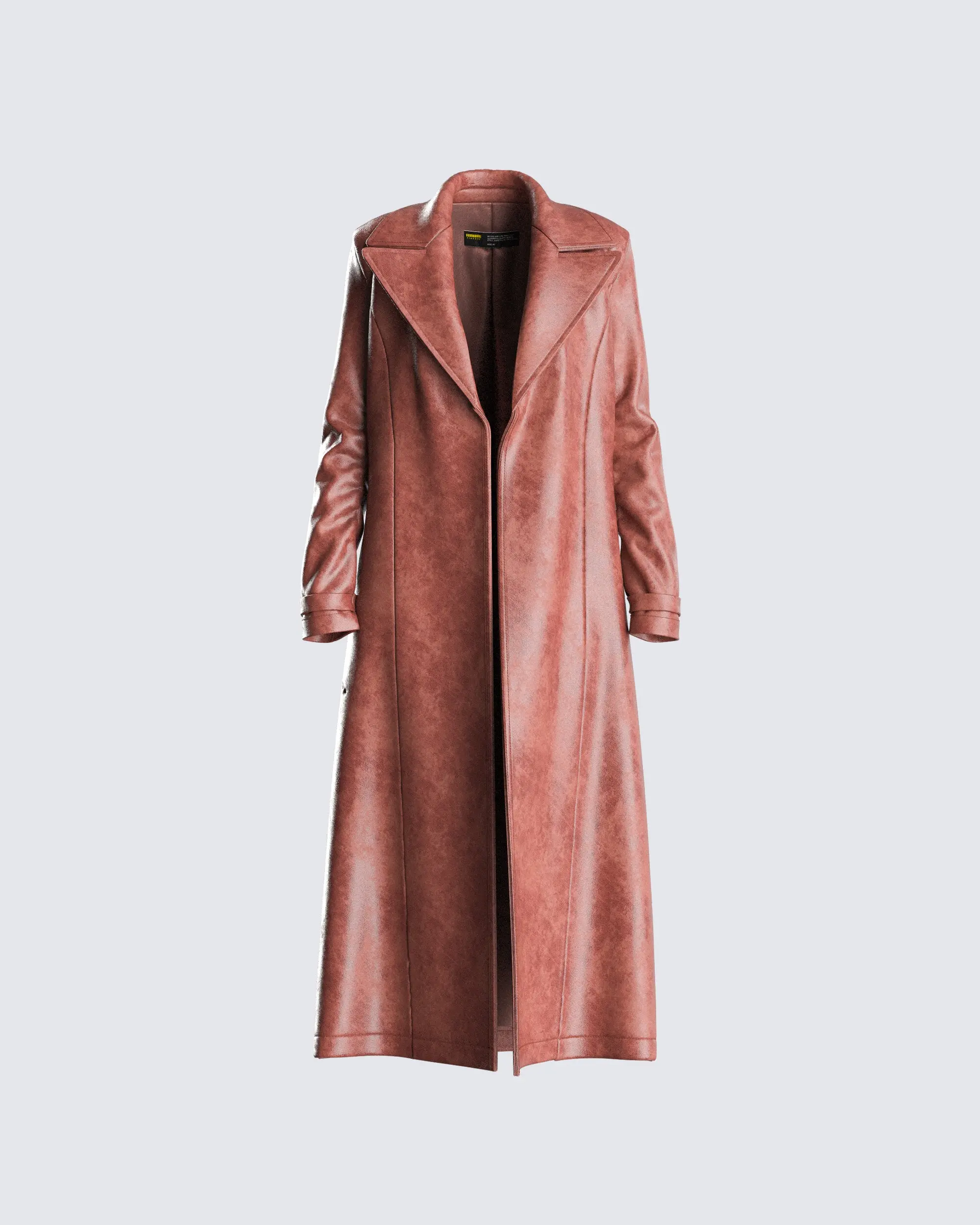 Women's Glossy Brown Vegan Leather Duster Coat - Notch Lapels, Full-Length, Open Front, Belted Cuffs