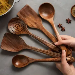 5-Piece Premium Wood Kitchenware Set with Ergonomic Handles for Non-Stick Pans Easy to Clean Durable Cookware Spoons Spurtle Ladle and Wok Spatulas Utensils Stirring Wooden
