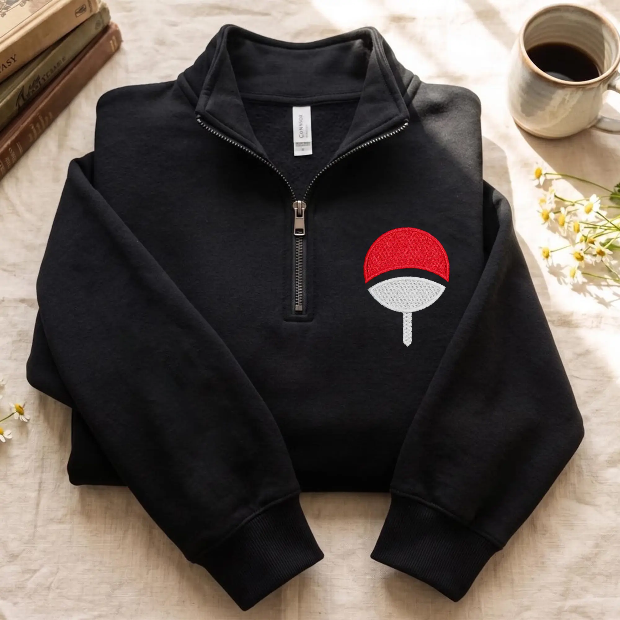 Lover Anime Embroidered Quarter Zip Sweatshirt, Uchiha Embroidered Quarter Zip Sweatshirt, Gift For Fan Anime