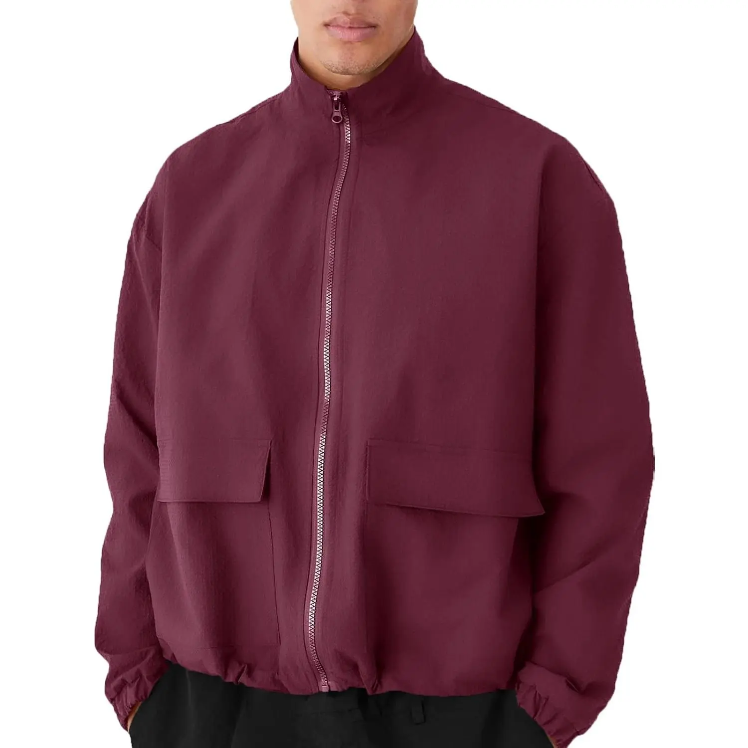 Men's Nylon Loose Windbreaker Coat - Menswear Tops, Lightweight Water-Resistant Full-Zip Zipper Outerwear with Elastic Drawstring, Pockets for Outdoor Sports, Golf