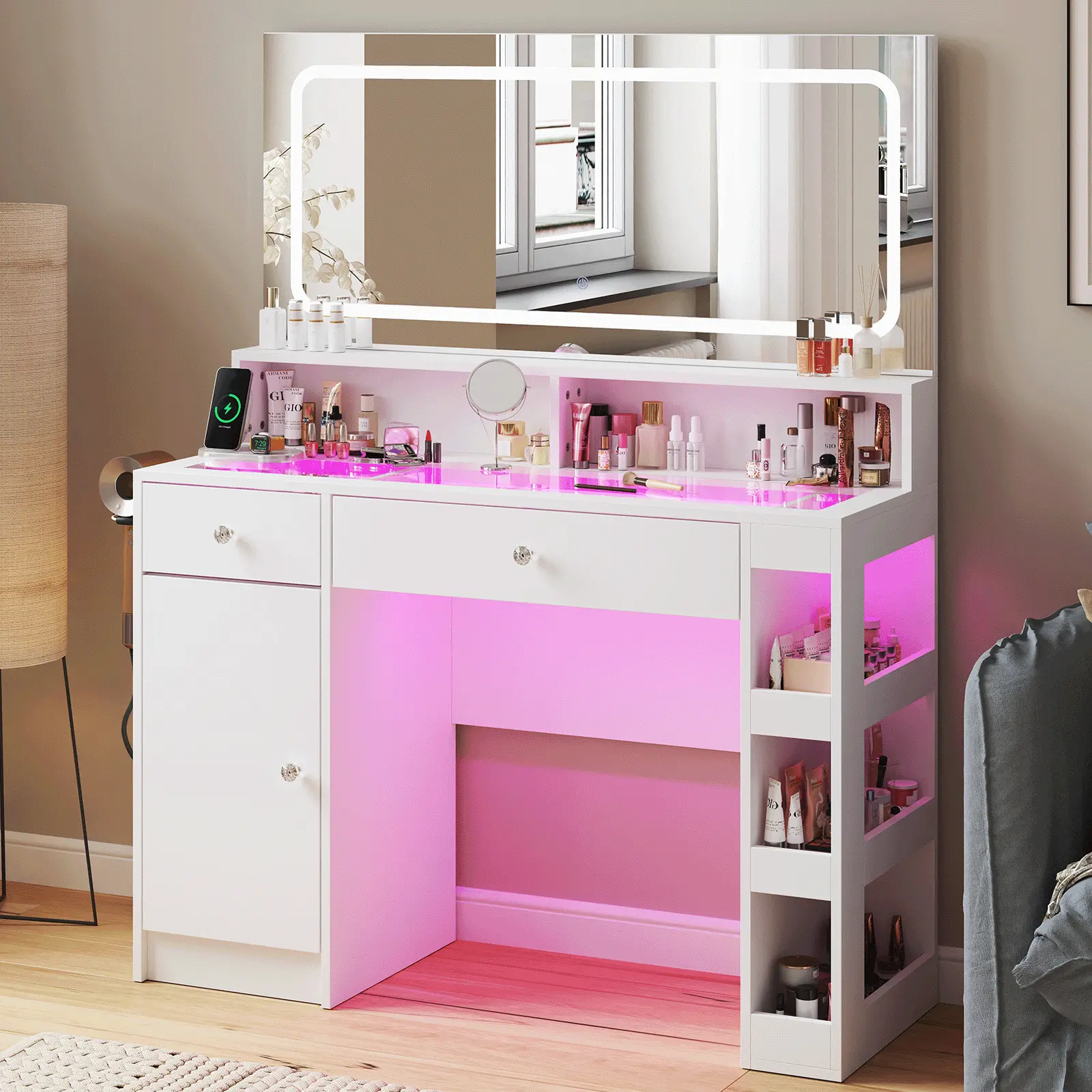 LED Makeup Vanity Table with Large Lighted Mirror, APP Controlled RGB Ambient Lights, 3 Color Adjustable Mirror Lighting, Tempered Glass Tabletop, Multi Compartment Drawers & Cabinets, Built-in Multi-Port Charging Station and Hair Dryer Holder for Bedroom