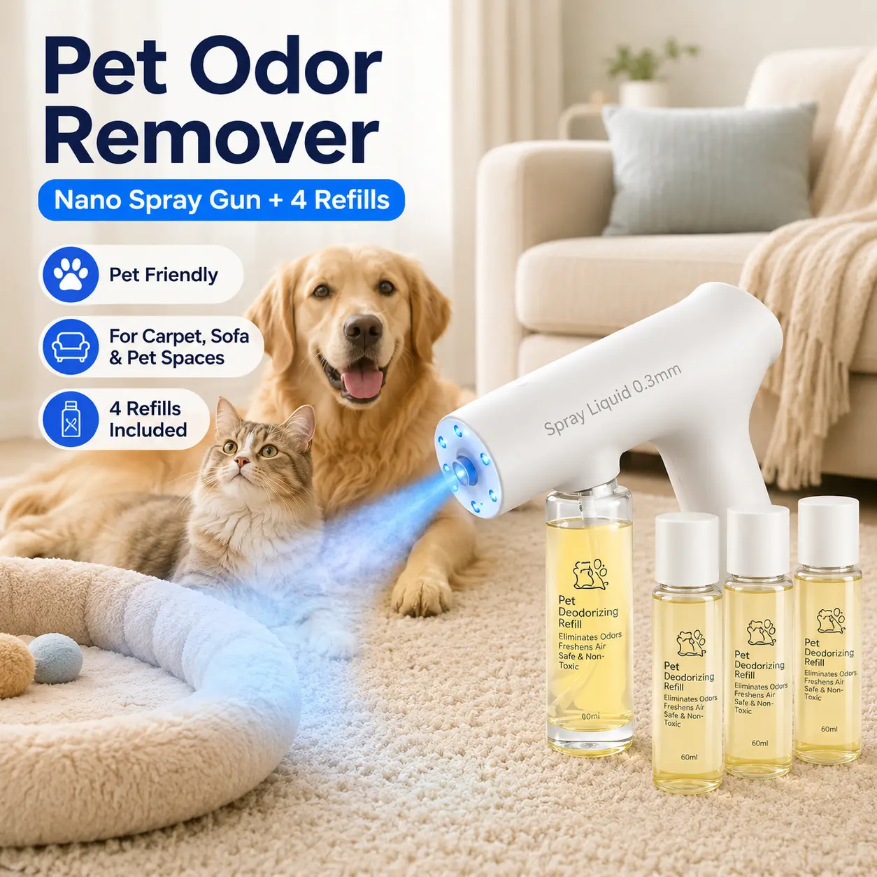 Electric Pet Probiotic Deodorizer Spray, Urine Odor Eliminator, Cat Litter Freshener, Plant-Based Formula for Dogs & Cats, Pet-Friendly Cleaner, Reassuring for Accidental Licking, Indoor Anti-Mite, Antibacterial Bio-Enzyme Sterilizing Spray for Pets