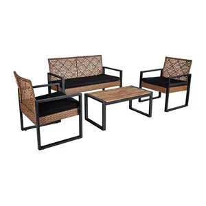4-Piece Patio Furniture Set Outdoor Balcony Porch Garden Backyard Lawn Acacia Wood Table Top Black & Light Brown Elegance Durability