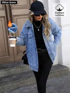 OBlue Jeans Elegant Streetwear Street Style Fashion Loose Fit Long Sleeve Denim Jacket with Pockets Outerwear Womenswear Coats, All Season Casual Wear, Versatile and Comfortable, Perfect for Everyday Use