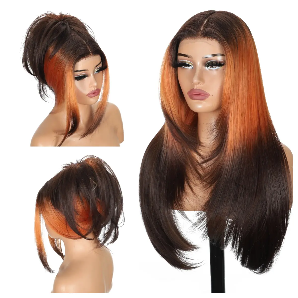 NEWTRESS Wear Go Glueless Layered Straight Synthetic Wig with Adjustable Drawstring 26 Inch Pre Cut T Lace Pre Plucked Natural Hairline Middle Part Heat Resistant Fiber Face Framing Layers Realistic Wigs for Daily Wear Party & Dating