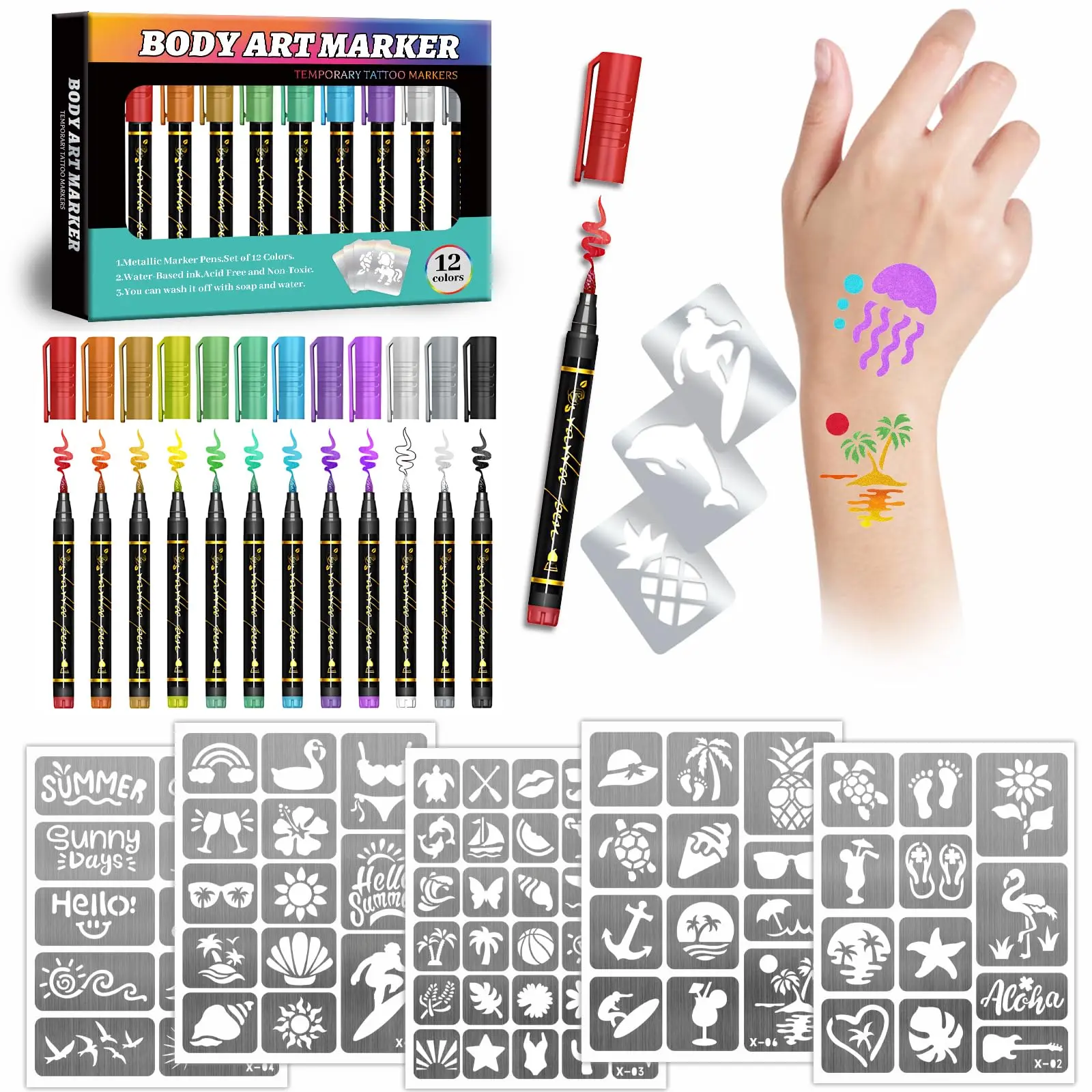 Metallic Temporary Tattoo Marker Multi-Pack Kit - 12 Vibrant Cosmetic Makeup Pens, 150+ Stencils, Face Painting Tools, Easy-Remove, All Skin Types, Christmas Gifts for Children & Adults, User-Friendly, Makeup Accessory, Tattoo Markers, Kids & Adults