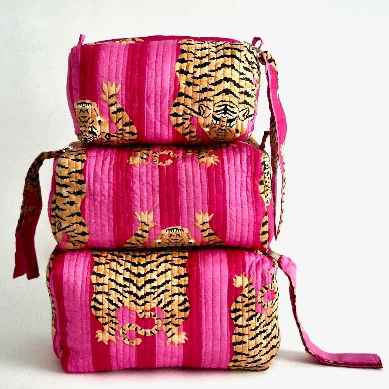 Pink Tiger Cosmetic Bag Set - Vibrant Block Printed Fabrics, Waterproof Lining, 3 Sizes, Soft Quilted Cotton, Machine Washable, Perfect for Everyday Essentials - Makeup Pouch