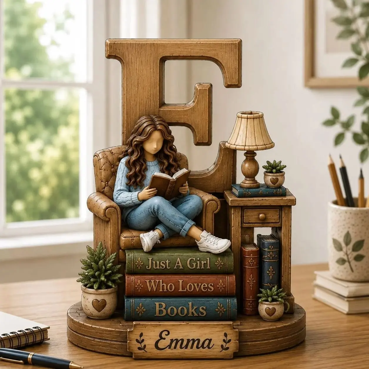 Personalized Wooden Book Lover Figurine, Custom Initial Letter & Name Block, Reader Shelf Decor, Library Decoration, Book Lover Gift