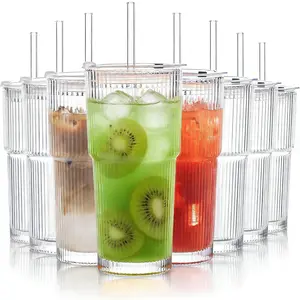 Set of 8 Oversize Ribbed Glassware, 20oz Vintage Clear Glass Tumbler, Large capacity, Origami Style, Fluted Design, Ideal for Water, Iced Coffee, Beer, Tea, Latte, Housewarming Gift