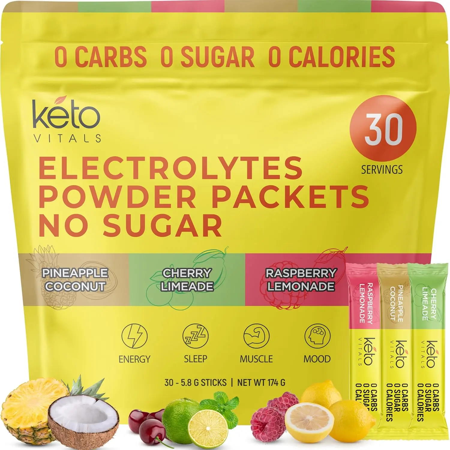 Keto Vitals Tropical Keto Electrolyte Powder -  Potassium, Magnesium, Sodium, & Calcium - Sugar Fee Electrolyte Drink Mix, 30 Serving