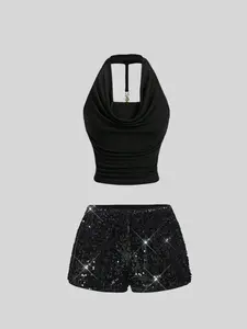 Trendy and sexy halter neck pendant sequined women's shorts set