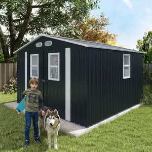 8x8FT Durable Steel Weatherproof Metal Outdoor Storage Shed, Lockable Doors Utility Tool Shed with 4 Daylight Windows & Metal Frame for Patio, Dark Gray, Durable Garden Shed, Steel Garden Shed