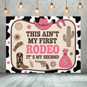 Western Cowgirl Theme Party Backdrop 1pc Polyester My Second Rodeo 2nd Birthday Banner with Pink Black Design Cowboy Hats Cacti This Ain't My First Rodeo Slogan for Indoor Outdoor Photography