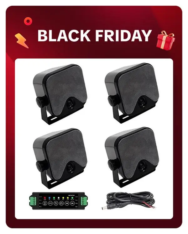 Herdio Bluetooth Stereo Speaker System - 4-in Portable Waterproof Outdoor Wireless Speakers (2 Pairs/4 Units) with Cord, External Amplifier, Mobile Compatibility for Golf Carts, UTVs, Portable Waterproof Speakers