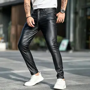 Men’s Plain Stretchy Black Glossy Leather Slim-Fit Casual Long Trouser - Trendy Street Style Menswear