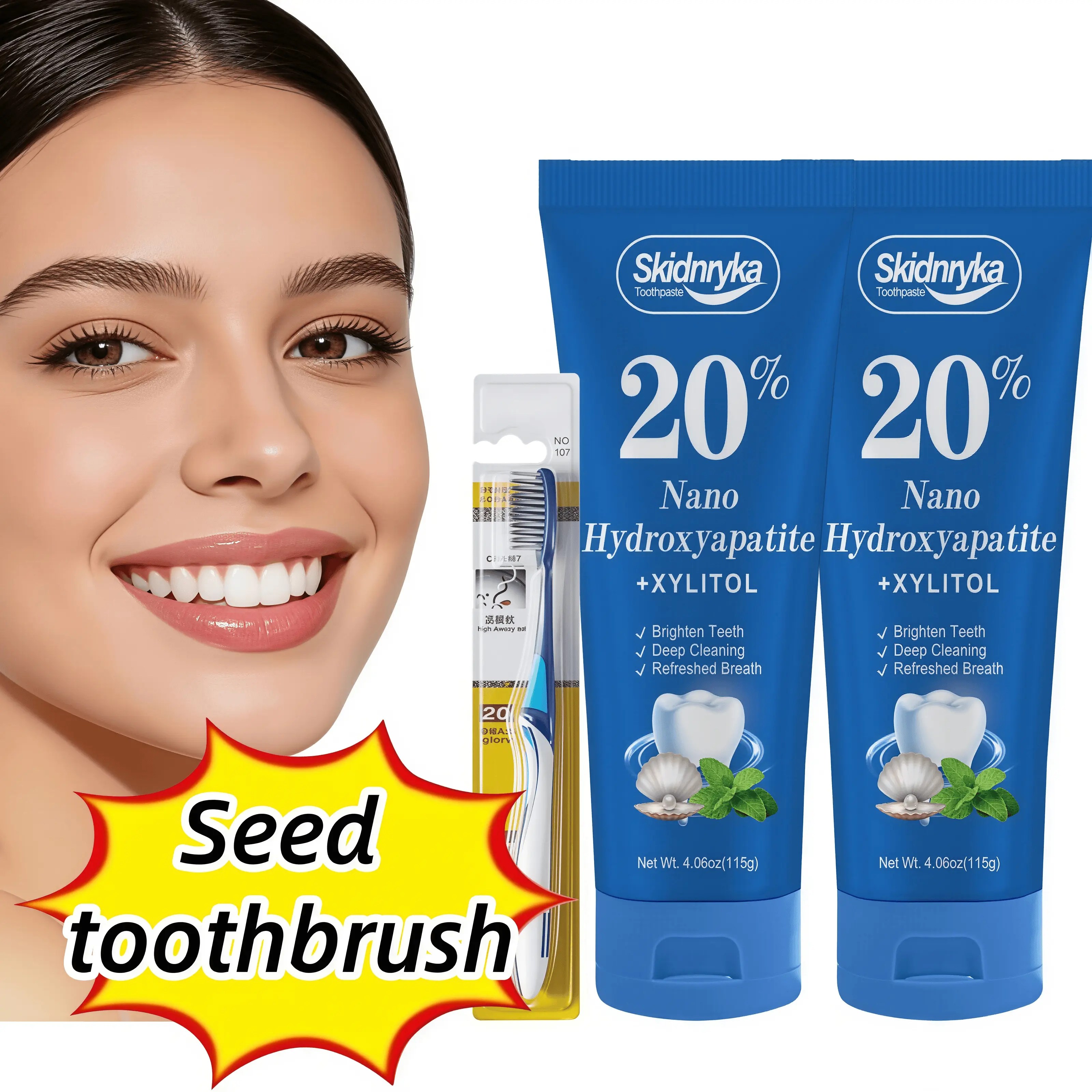 20% Hydroxyapatite Whitening Toothpaste, includes a free toothbrush; portable deep-cleaning whitening formula; gentle care; long-lasting fresh breath; suitable for daily use; sensitive tooth care toothpaste.