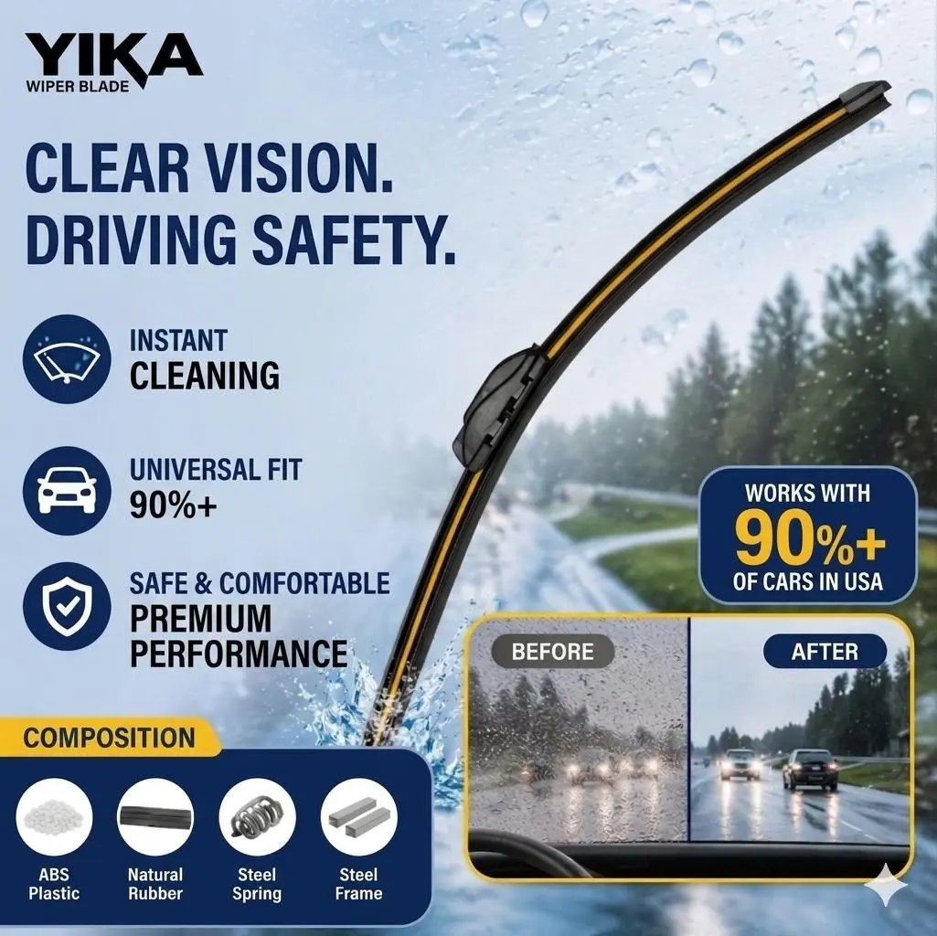 【YIKA】Universal J/U-Hook Wiper Arms & Ultra-Silent Frameless Wiper Blades — OEM Quality | The Ultimate Wiper | Heavy-Rain Performance | Streak-Free | All-Season Silent Operation | Easy Installation | Auto Accessories Car Parts