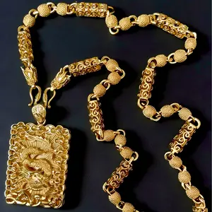 A set. Vietnamese sand gold plated pendant necklace with a dragon-shaped pendant. Suitable for men to wear. Perfect for special occasions as a beautiful accessory gift for fathers, husbands, and couples. Gold Statement Chain