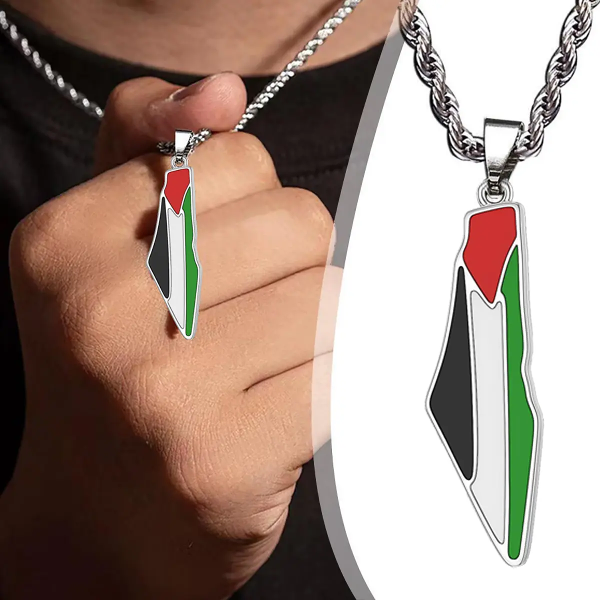 Women's Durable Stainless Steel Palestine Map Pendant Necklace - Hand-Polished, Palestine Flag Design, Solidarity Jewelry, Unisex Hypoallergenic Fit, Durable for Lasting Wear, Supports Palestinian, Everyday Accessory, Meaningful Anniversary Gift, Awarenes
