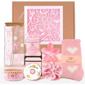 Birthday Gifts for Teen Girls, Happy Birthday Gift Basket for Women, Cute Easter Pink Gifts Basket for Teenage Girl Sister Friend Daughter Niece, Bow Glass Cup for 15+ Year Old Girl Gifts