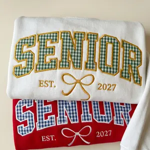 Custom Embroidered Senior Sweatshirt, Gingham Applique Coquette Bow Senior Team Shirts, Senior Sunrise, Class of 2027, Senior Cheer