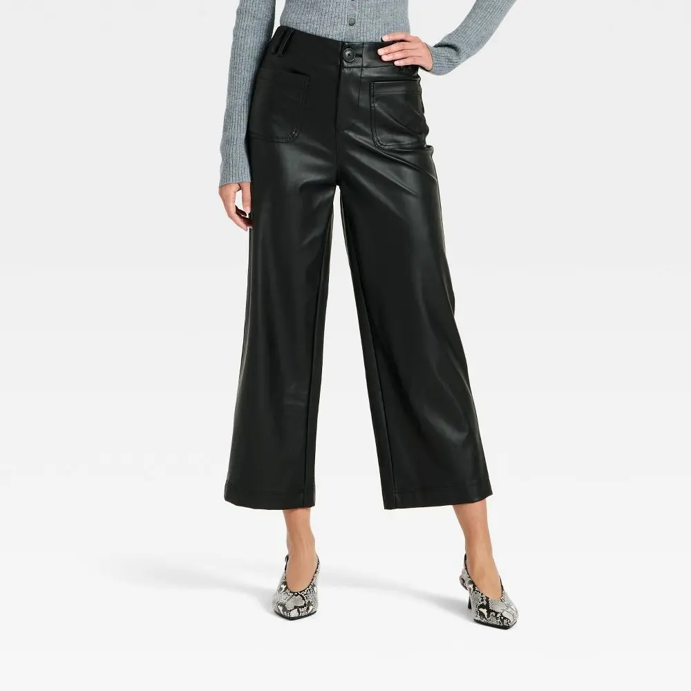 Women's Faux Leather Sailor Pants Bottoms - A New Day, Comfortable Fabric Garment with Pocket, Fit