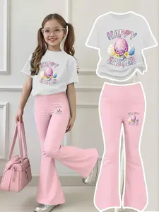 Girls' Easter Theme Egg Sweet Cool Bell Bottoms Two-Piece Set, Round Neck Short Sleeve + Bell Pants, Casual Fit, Casual Outfit Set