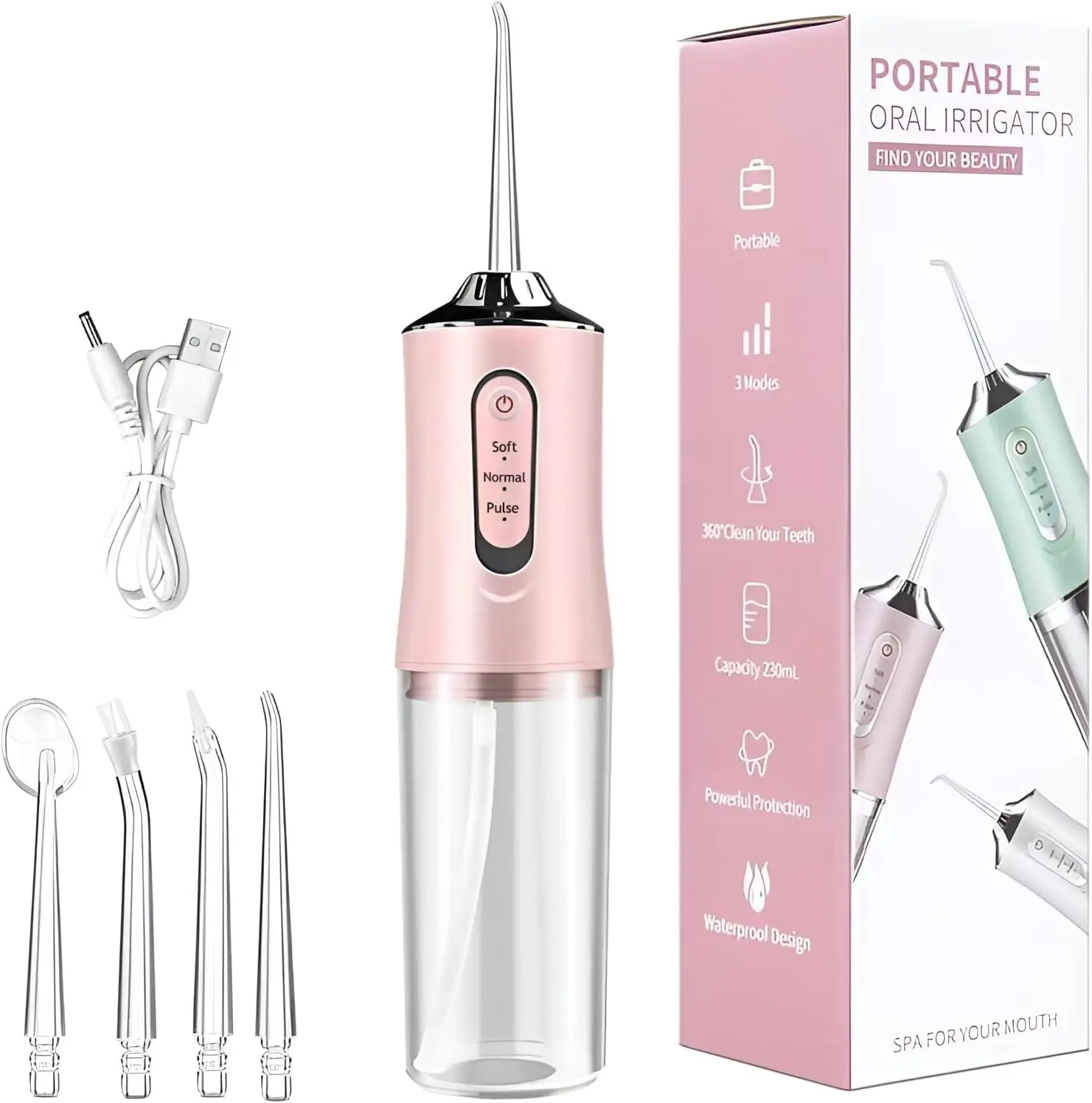 Cordless Water Flosser - Rechargeable Oral Irrigator with 3 Modes, 4 Jet Nozzles, 230mL Tank for Daily Deep Clean, Compatible with Toothbrush (sohochic)