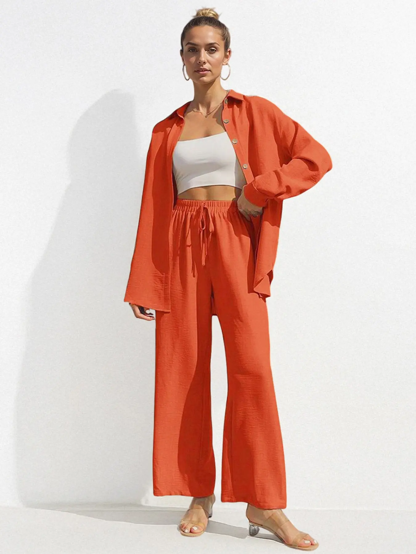 Women's Solid-Color Long-Sleeve Button-Up Top and Baggy Wide-Leg Pants Set, Versatile Comfortable Home Wear, Casual Daily Wear, Clothes