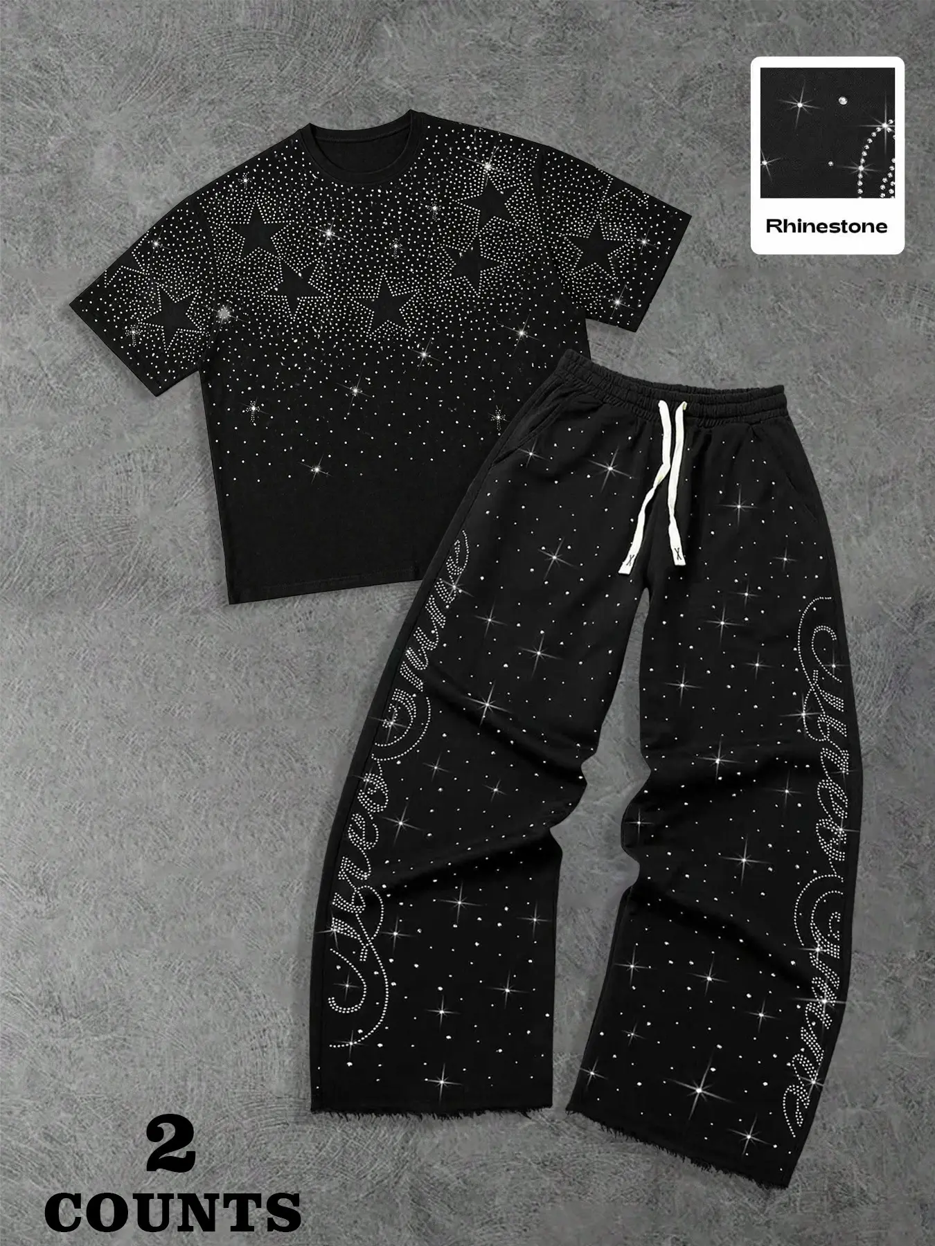Men's Two-Piece Set, Full Body Rhinestone Embellishment, Star-Studded Short Sleeve Top, Gothic Pattern Pants, Luxury Street Casual Style Print, Outfits