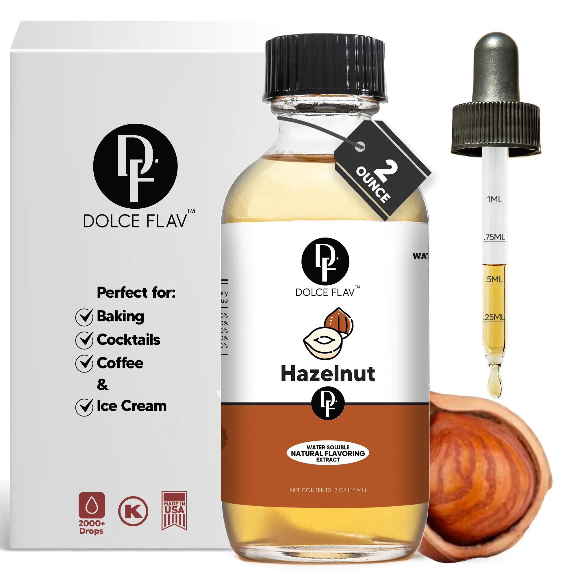 Dolce Flav Water-Soluble Hazelnut Flavoring Extract 2 Ounces - Natural, Dye-Free, Super Strength, 2000+ Drops for Baking, Cocktails, Coffee & Ice Cream
