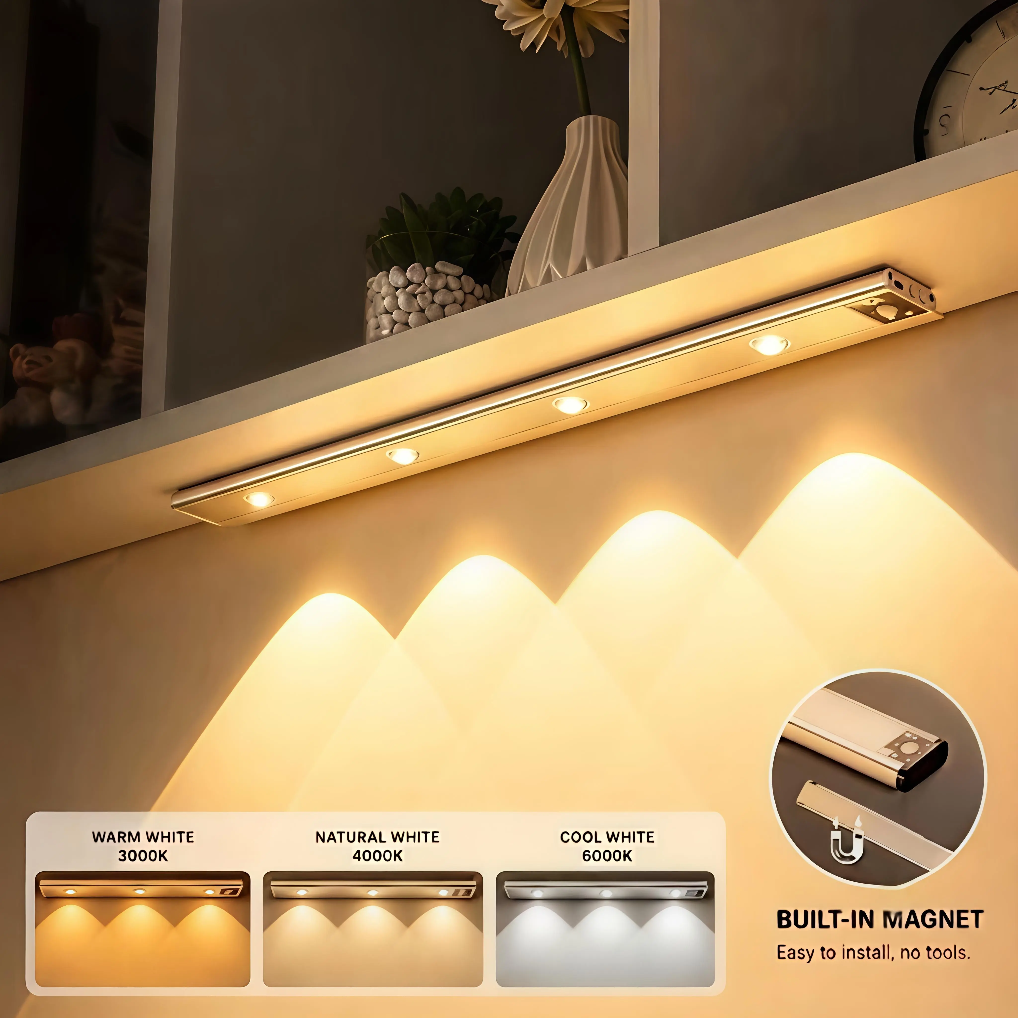 Rechargeable Motion Sensor LED Cabinet Light - Aluminium, Adjustable, 3-Color Changing Smart Light-Up Decorative Interior Lighting, USB-Powered for Kitchen, Closet, Home Lighting