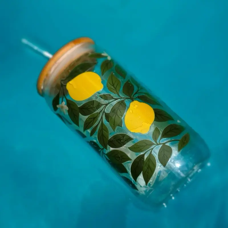 16oz Lemon Glass Tumbler with Lemon and Leaf Design on Clear Glass Container Bamboo Lid