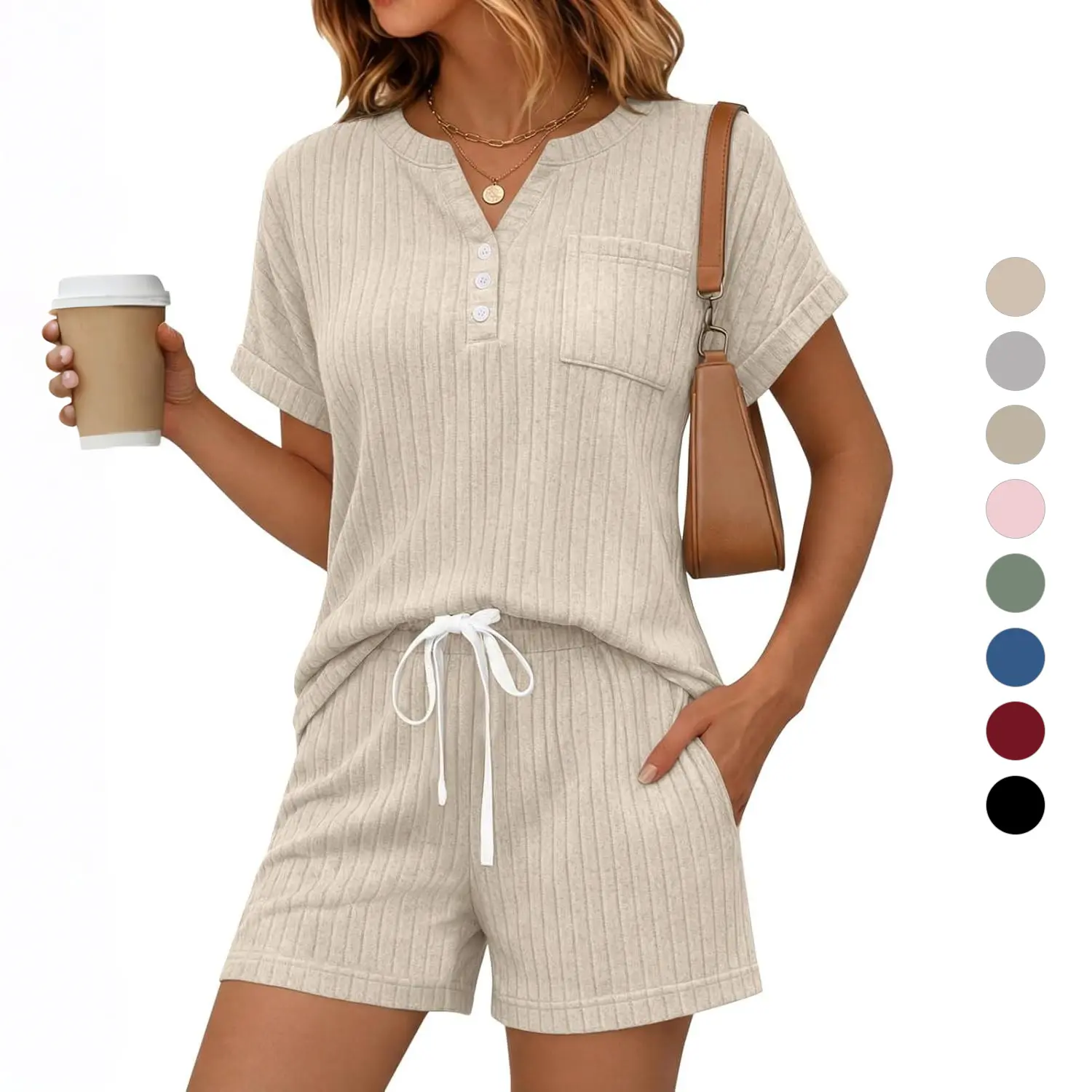 Yousify 2 Piece Short Sets for Women Summer 2026 Lounge Short Sleeve Henley Outfits Sweatsuit with Pocket Womenswear Loungewear