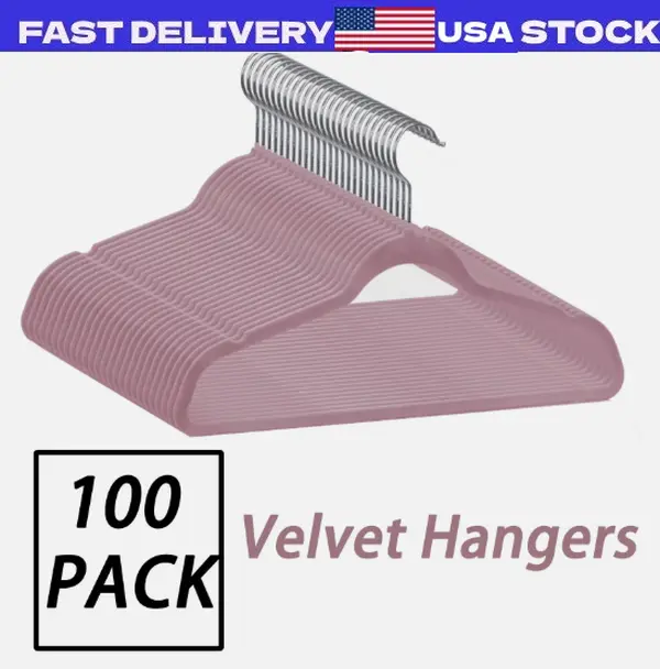 100 Pack Premium Velvet Clothes Hangers Coat Shirt Hangers 360° Swivel Pink