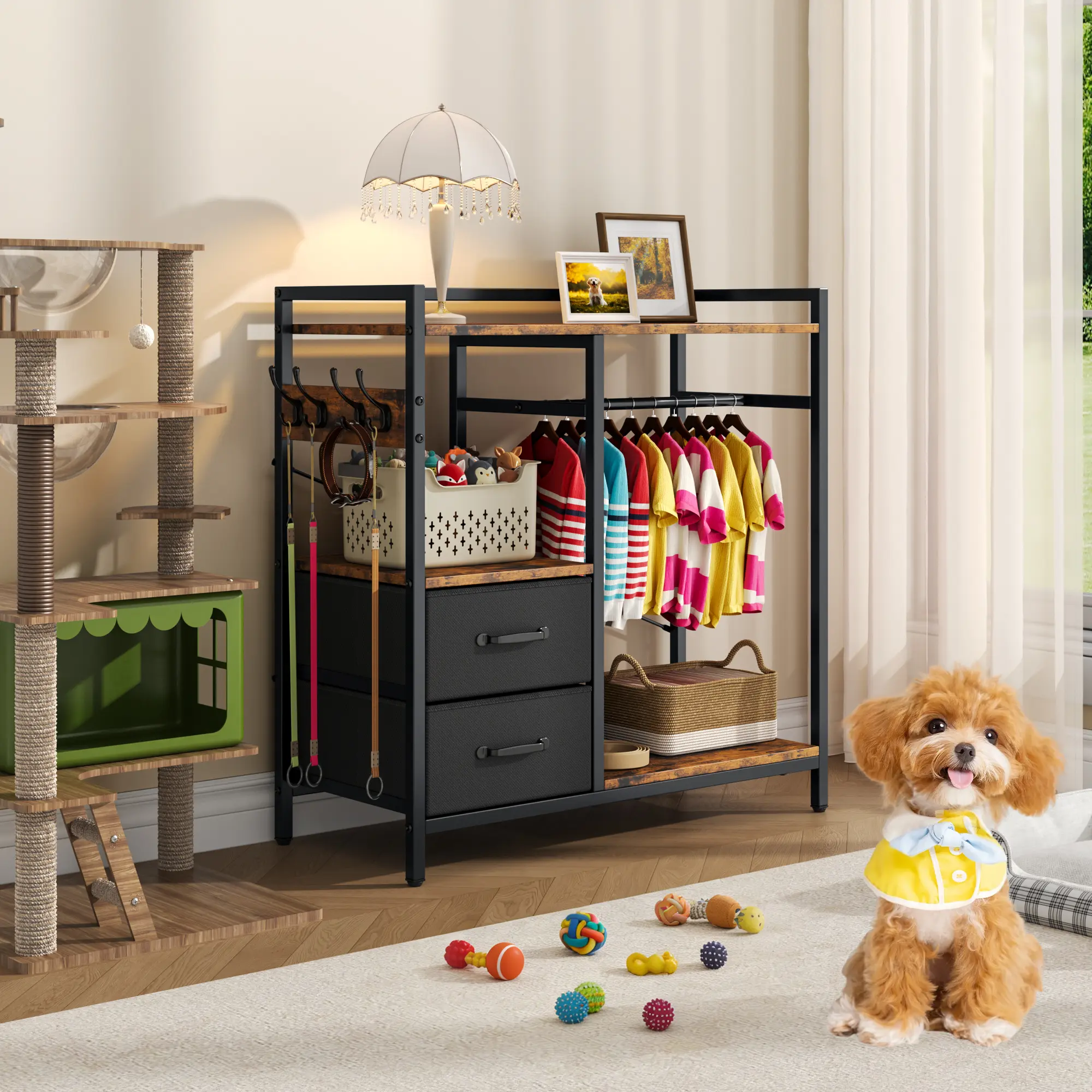 Rectangle Wood Grain Dog Closet Organizer - Fabric Drawers, Hanging Hooks, Metal Racks, Shelf | All-in-1 Pet Wardrobe Storage Station for Clothes, Toys | Home Organization Storage Holders & Racks (Box Packaging)