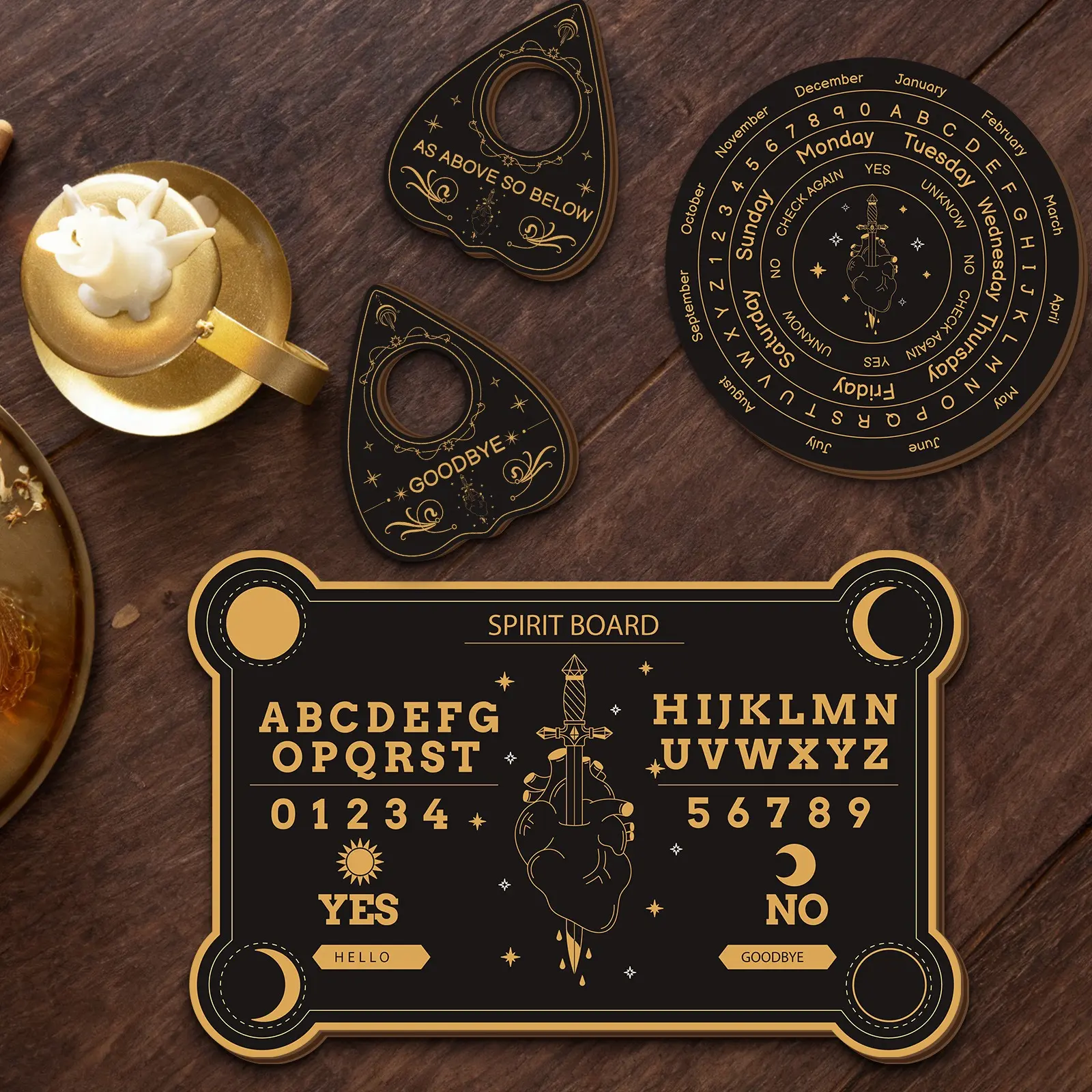 4-Piece Ouija Board Fortune-Telling Set, Includes Wood Planchette & Pointer, Retro Aesthetic Magic Nostalgia Witchcraft Tool Home Decor