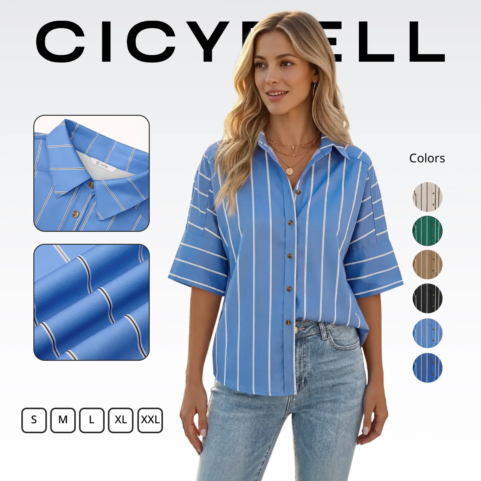 Cicy Bell Womens Striped Button Down Shirts Short Sleeve Collared Dressy Casual Loose fit Tops Work Office Blouses