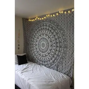Indian Mandala Tapestry Wall Hanging Black and White Elephant Hippy Tapestries Twin Hippie Beach Throw College Dorm Decor Bohemian Boho Bedsheet - 84x54 Inches