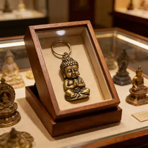 Brass Buddha Pendant Keychain, Mini Handcrafted Lucky Amulet Figurine, Portable Religious Protection Charm for Daily Carrying Bags Keys and Everyday Wear