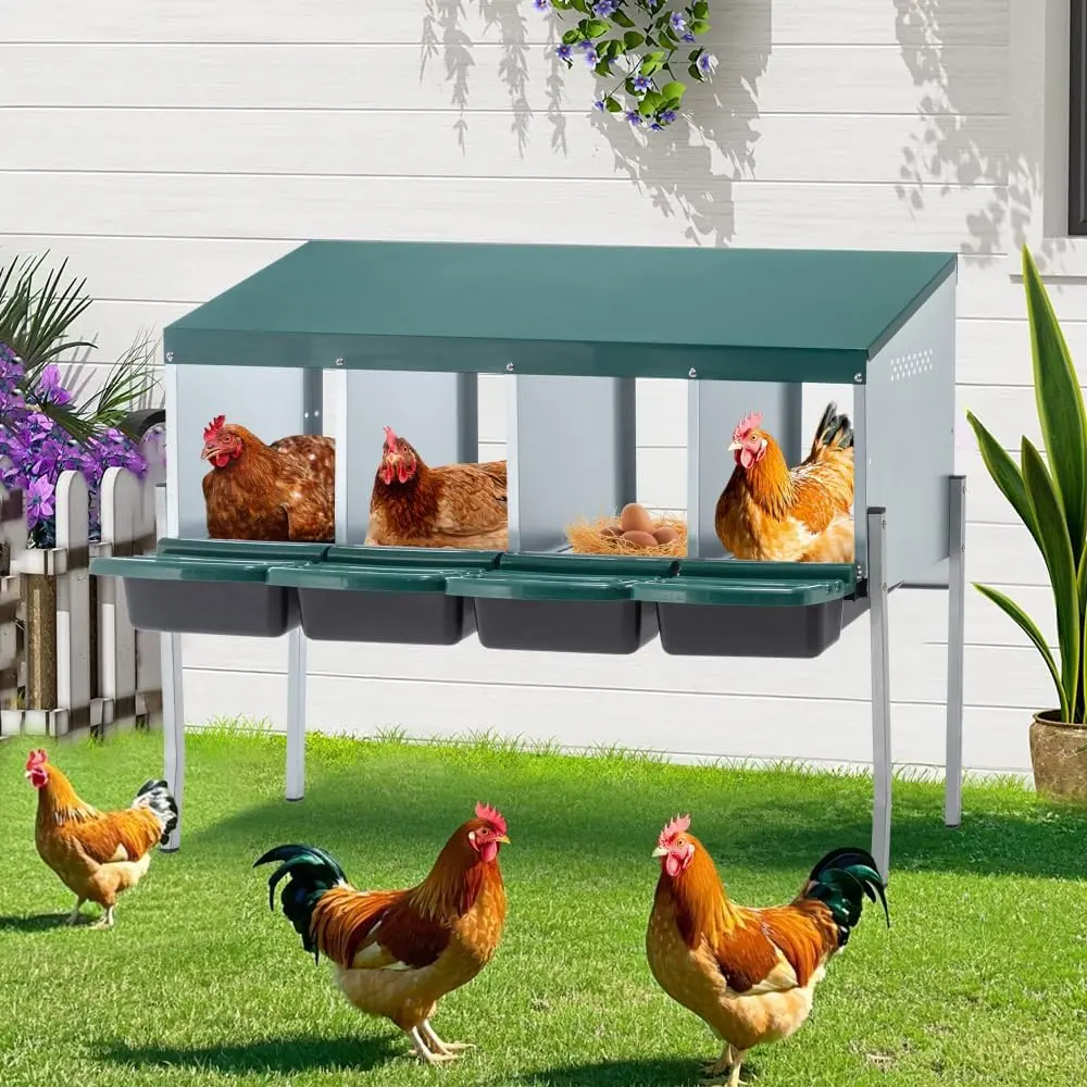 Galvanized Steel Chicken Nesting Box for Hens - 4-Hole with Legs, Green, 6-Compartment, Sloped Roof, Easy Assembly Backyard Poultry Coop Accessory