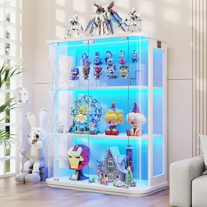 BROTTAR Rounded Display Cabinet with Glass Door, 3-Tier Curio Cabinet with 3 Color Lights for Collectibles, Glass Display Case with Transparent Full-Display Surface, Human Body Sensor, White/Black