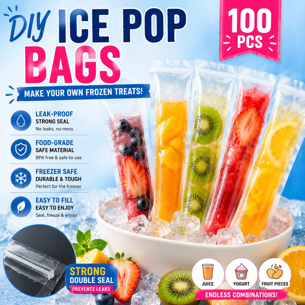100 Pack Ice Pop Bags – DIY Homemade Popsicle Pouches, Leak-Proof Freezer Safe, Make Your Own Frozen Treats at Home