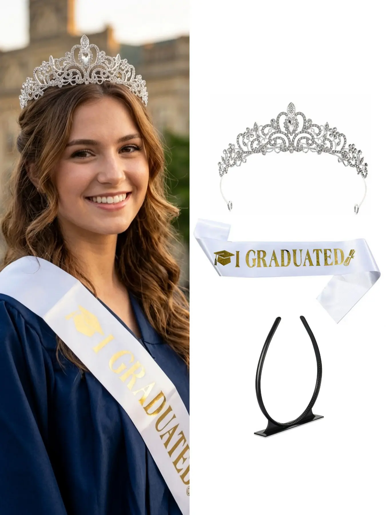 Luxurious Rhinestone Crown Set, Graduation Band & Self-Adhesive Hat Holder, 3-Piece Kit for Graduation Celebration Photoshoots