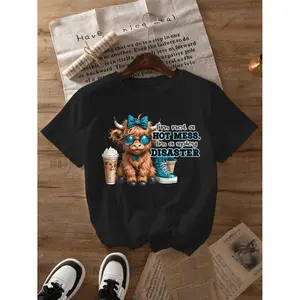 Plus Size Casual Crew Neck T Shirt Featuring Adorable Highland Cow Graphic Made from 100 Percent Polyester Knit Fabric with Slight Stretch Ideal for Summer Short Sleeve Animal Pattern Top