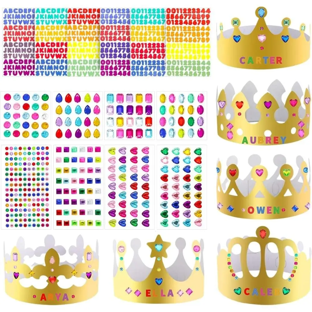38 Pcs Paper Crowns for Kids Boys Girls Adults Princess Prince King, Classroom Crown, Birthday Party Hats with Gold Gem Jewels Number Letter Stickers, DIY Decorate Decor Favor Supplies