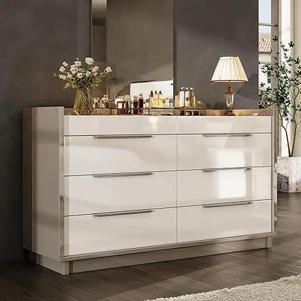 VanAcc High Gloss Drawer Dresser with LED Light, Modern Chest of Drawers with Glass Tabletop and 2 Six-Grid Jewelry Drawers, for Bedroom, Living Room, Dressing Room