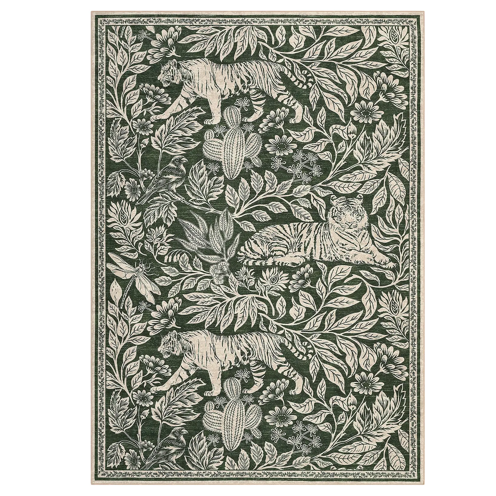 8x10 ft Polyester Green Rectangular Full-Sized Area Rug, Forest Tiger Animal-Themed Design, Modern Machine Washable Rugs for Living Room, Bedroom, Animal-Themed Area Rugs