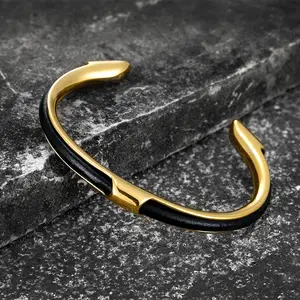 Punk Vintage Black Gold Silver Color Leather Cuff Bangles Stainless Steel Bracelets Bangles for Men Gift