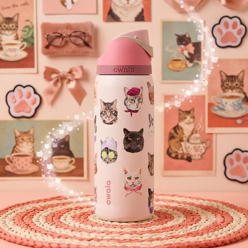 Owala FreeSip 32oz Hydro-Lock Vacuum Canteen, Urban Outfitters Exclusive Cat Collage Artistic Sketch Feline Print Montage Stainless Steel Sports Bottle
